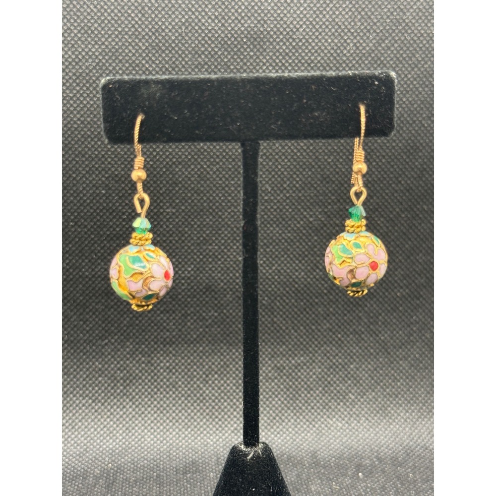 Vintage Cloisonne Enamel Floral Bead Drop Earrings Gold Tone Pink Green Crystal